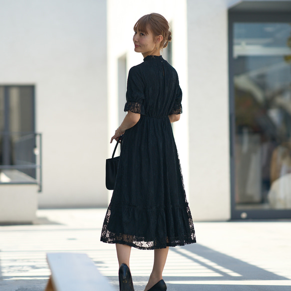 Morino Gakko 全蕾絲短袖正式一件式連身裙 [黑色] 婚禮邀請函、追悼會、典禮場合 第14張的照片