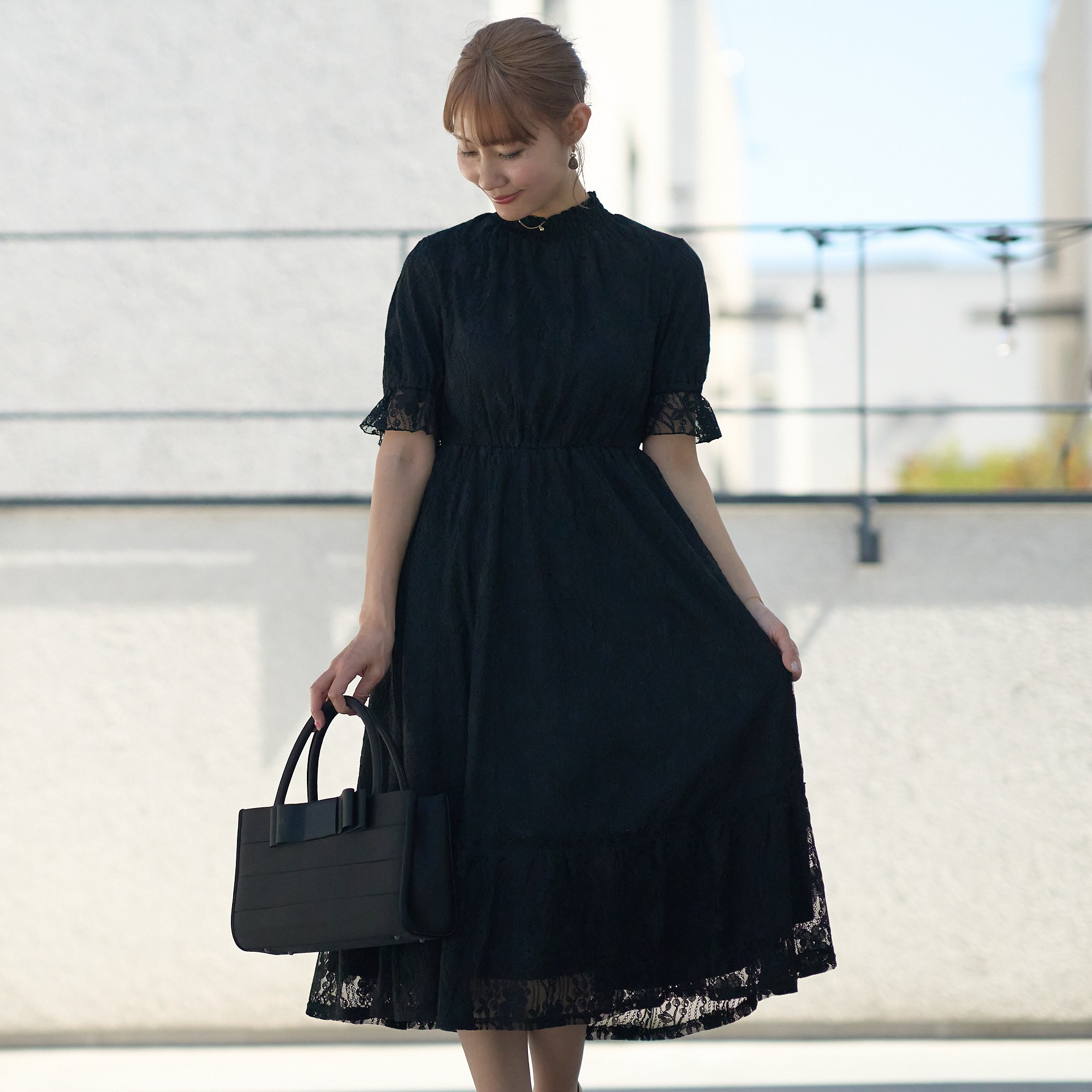 ﾓﾘﾉｶﾞｯｺｳ 総レース半袖フォーマルワンピースドレス【ブラック】結婚式お呼ばれ 法事 冠婚葬祭｜mg-op17-bk