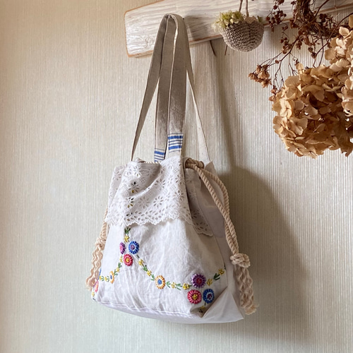フランスアンティーク*花刺繍*巾着バッグ*トートバッグ