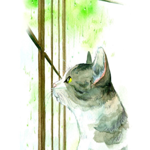 イラストフレーム「窓の外の雨を眺める猫の横顔」みしま ゆかり 2L判