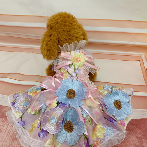 犬猫うさちゃん服 カラフルフラワーの3D立体ドレス ペット服