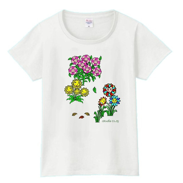 魔法の森の花たち１：プリントスターTシャツ（レディース：白） 1枚目の画像