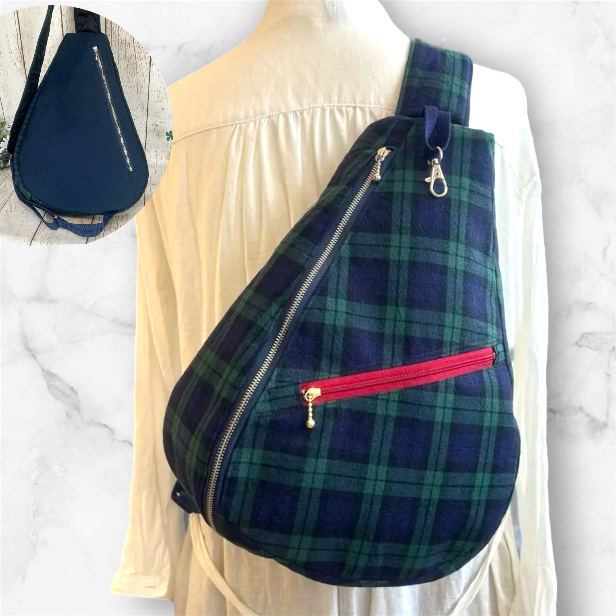 背面ファスナーポケット付き　しずく型　ワンショルダーバック　ボディーバック　長さ調節可能　緑チェック大柄