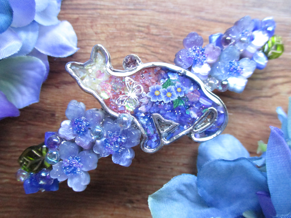 レジンヘアゴム、紫陽花猫ちゃんパープル・再販不可