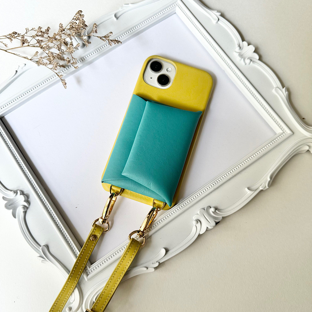 #6 名入れ可｜本革iPhoneショルダーケース（背面収納　スマホショルダー）Yellow+Blue