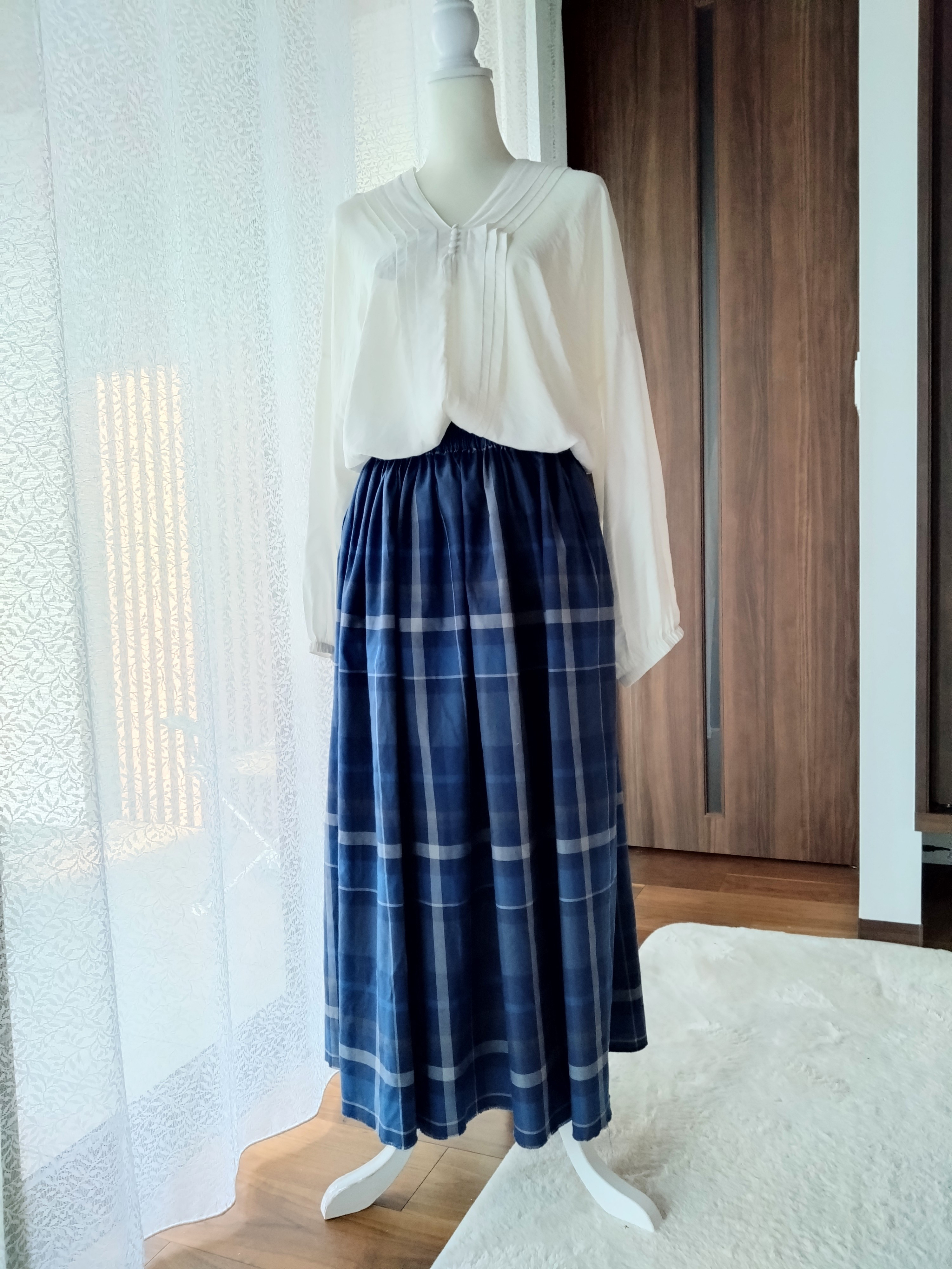 ギャザースカート*プラスサイズ対応*大柄タータンチェック*Blue