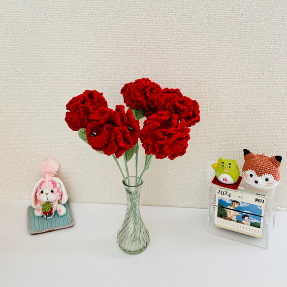 4本 カーネーション 編みぐるみ 枯れない花 母の日 ハンドメイド