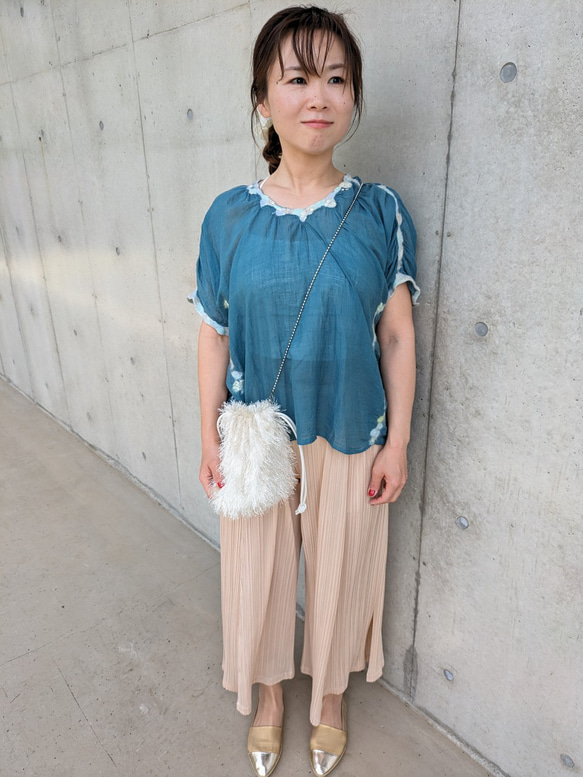 半袖の服～「芽吹き」透け感 ブラウス 服 ターコイズブルー ブラウス 