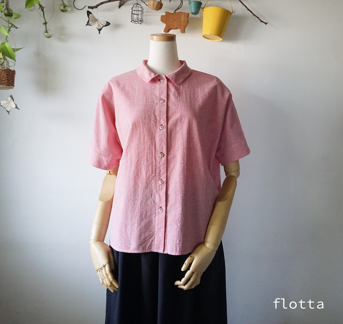 極細ギンガムチェック柄ドルマンスリーブブラウス(RED)