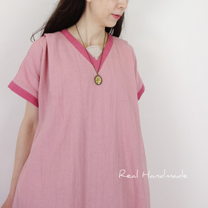 [予約販売] Pink on Pink ワッシャーハーフリネン襟Vワンピース