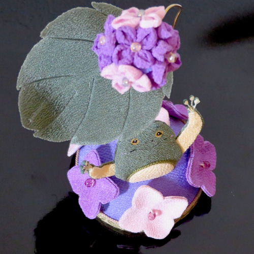 置物 コンパクト ちりめん 小さい 手作り / 紫陽花カエル 梅雨