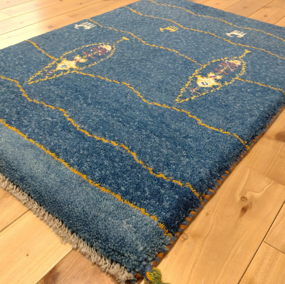 感謝キャンペーン50％OFF】ペルシャ　ギャッベ　玄関マット　85×60cm　ブルー　糸杉　RJ3456 6枚目の画像