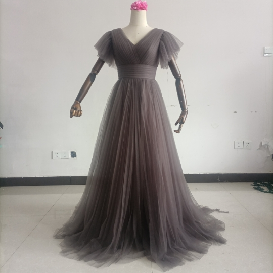 パーティードレス グレー Vネック エレガント ファスナー ソフトチュール 2次会/合コン/デート