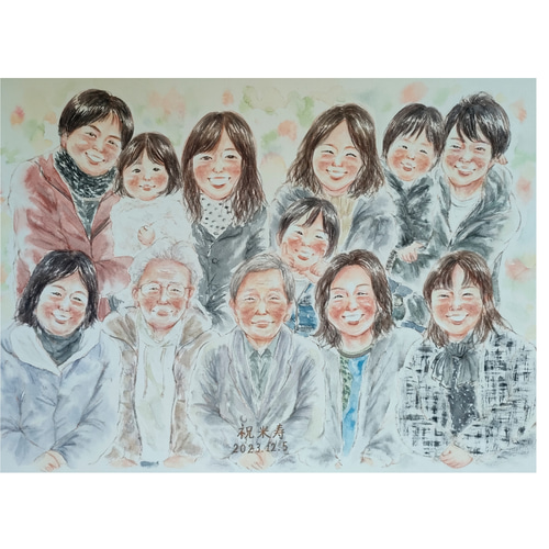 人気 イラスト 還暦祝い A4 似顔絵 両親贈呈品 家族 名入れ イラスト
