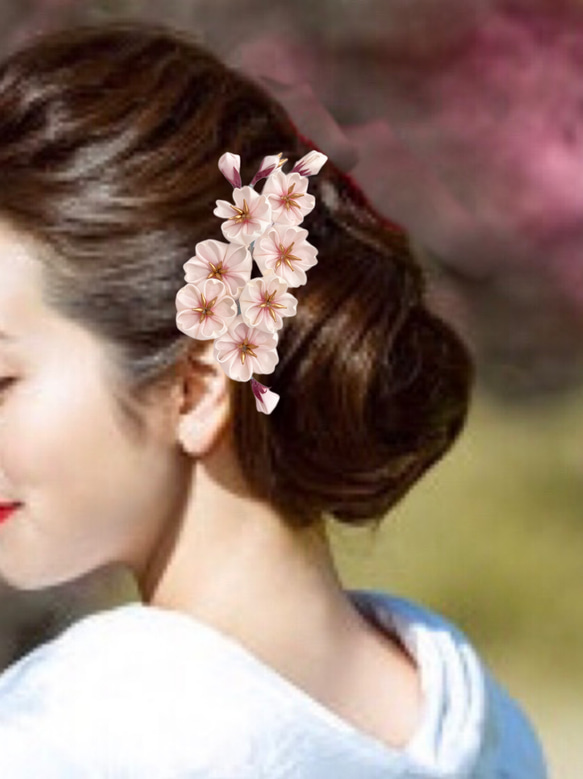 七輪桜の髪飾り つまみ細工 七五三 桃色　浴衣　ピンク　桜　着物 成人式 キラキラ 花 髪飾り 和装　さくら　春　花見 5枚目の画像