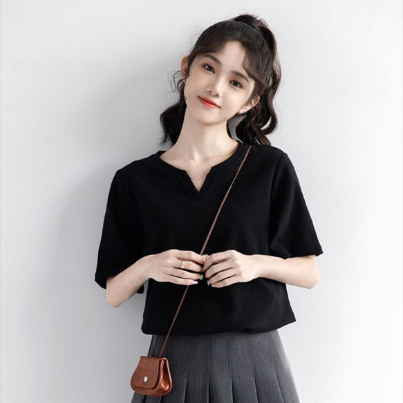 黒 Vネック 半袖 トップス　2点セット Tシャツ 2枚セット レディース プルオーバー 半袖 トップス Vネック