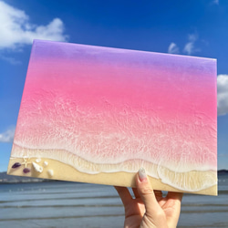 ＊ピンク色に染まる朝焼けの海＊ オーシャンレジン　インテリアパネル　アートパネル　海 1枚目の画像