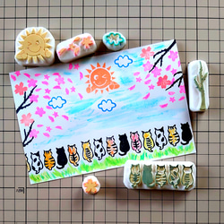 消しゴムはんこ「ネコちゃん・桜・太陽・雲」6個 2枚目の画像