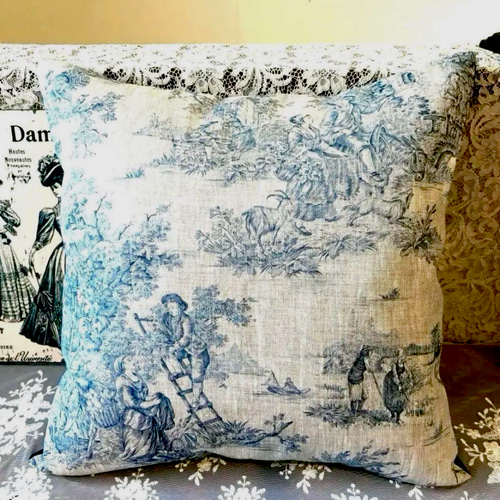 フランス製トワルドジュイ リネン100% PASTORALE (ブルー) クッション