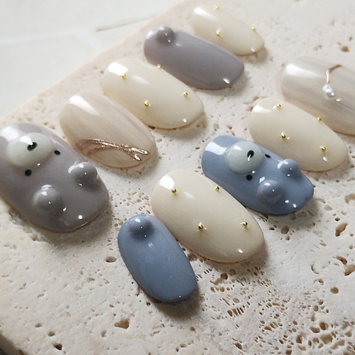 ネイルチップ くま/アニマル/くすみカラー/ぷっくり/イベント ネイル  