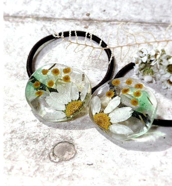 初夏に！…白いお花とミモザのヘアゴム 2枚目の画像