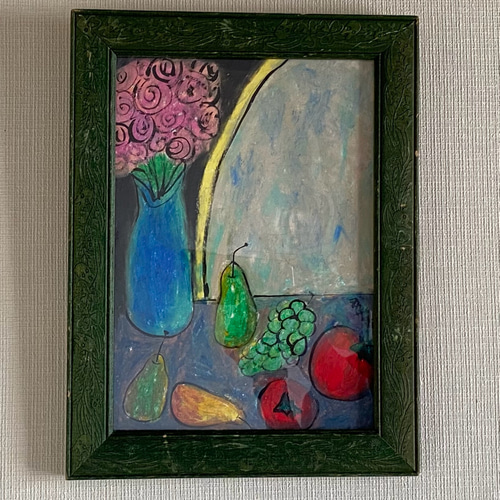 絵画 。原画☆【テーブルの上の花瓶の中のきれいな花、いろいろな色の果物】 絵画 。原画☆【テーブルの上の花瓶の中のきれいな花、いろいろ