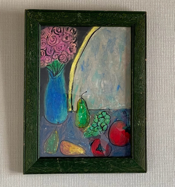 絵画 。原画☆【テーブルの上の花瓶の中のきれいな花、いろいろな色の果物】 絵画 。原画☆【テーブルの上の花瓶の中のきれいな花、いろいろ