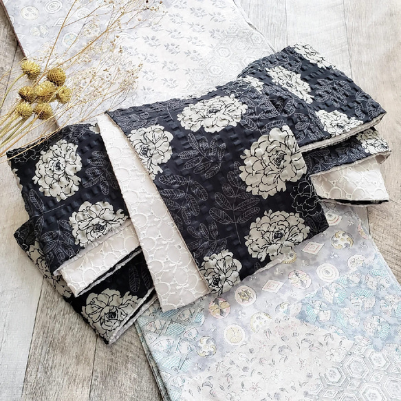 半幅帯】「華」とコットンレース「花」くすみブラウン/黒 茶色  