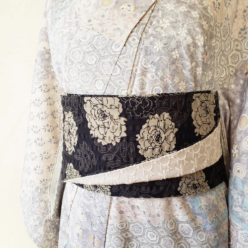 半幅帯】「華」とコットンレース「花」くすみブラウン/黒 茶色  