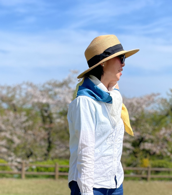 送料無料 藍染+草木染＋泥染 カラフルなリネンパッチワークスカーフ 1枚目の画像