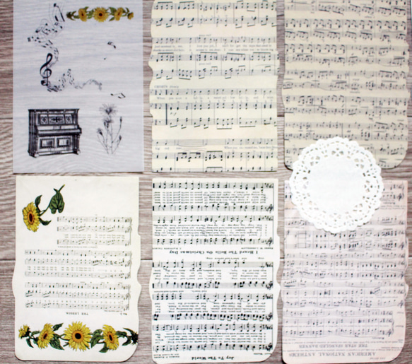 コラージュ 素材 ペーパー 紙もの 楽譜 音符 おしゃれ レトロ アンティーク柄 ポストカード 英字 5枚目の画像