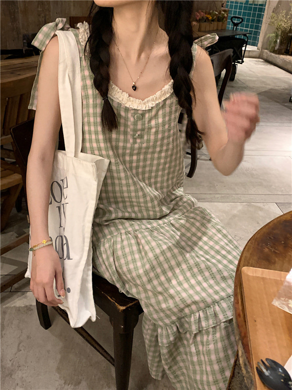 春秋夏エレガント可愛い女の子　キャミソール　エプロンワンピース　格子 10枚目の画像