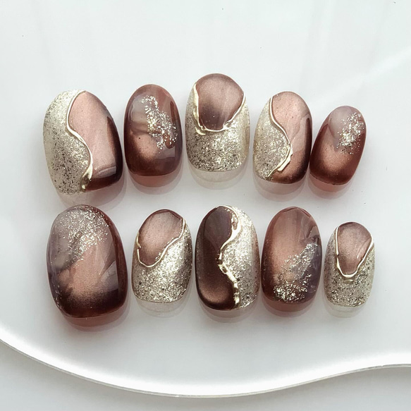 ネイルチップ（31） つけ爪 ニュアンス マグネット ミラー ブラウン 茶