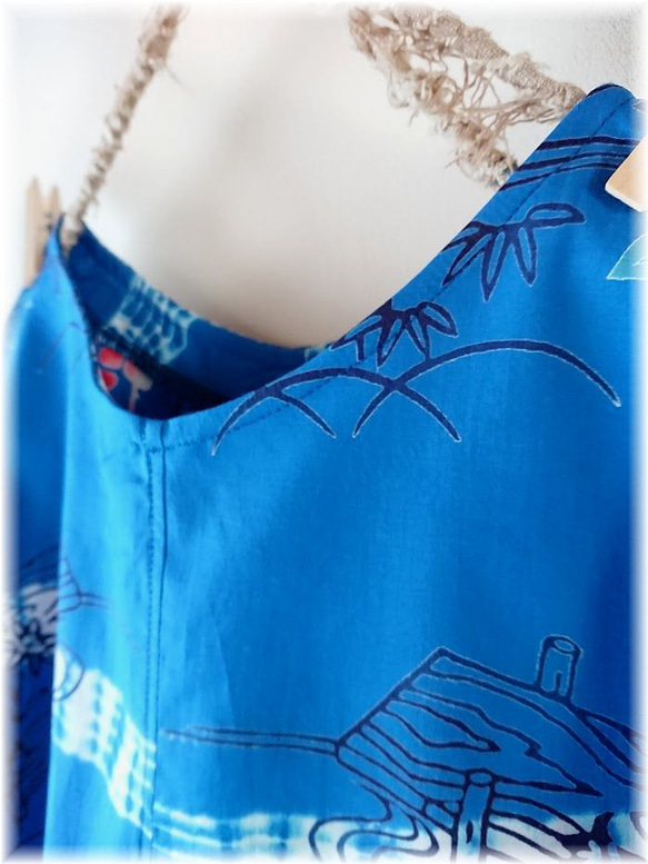 浴衣リメイク　ドロップショルダー シンプル 　チュニック　琉球ブルー 3枚目の画像