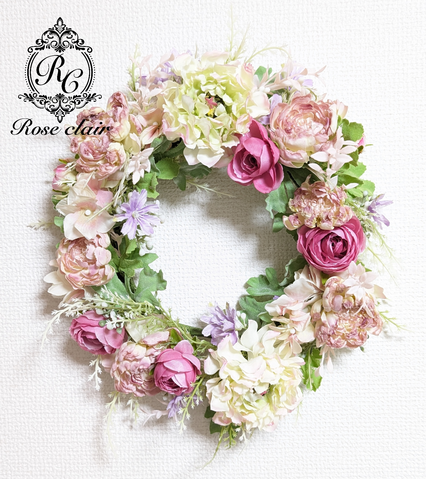 【ガーデン風リース】ピンク系ナチュラルガーランドリース