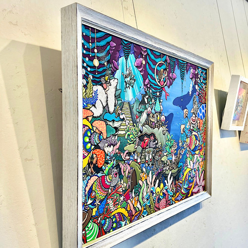 海の絵 手描き絵画 額縁付き 作品名「海の中からフレーフレー