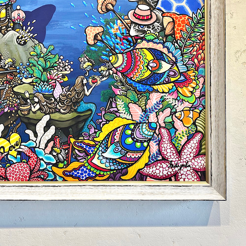 海の絵 手描き絵画 額縁付き 作品名「海の中からフレーフレー