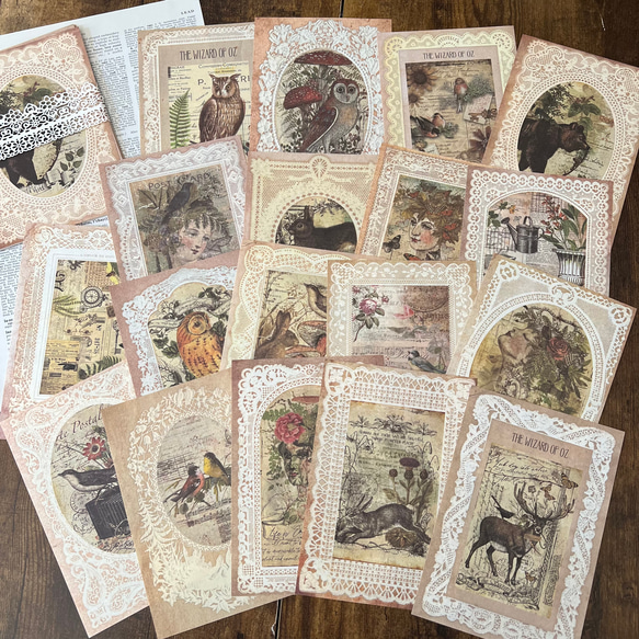 レースと絵本風イラストのコラージュペーパー(森と動物)36枚【mc