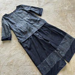 アンティーク大島紬のパンツとブラウス　セットアップ　青割り込み絣　着物リメイク 7枚目の画像