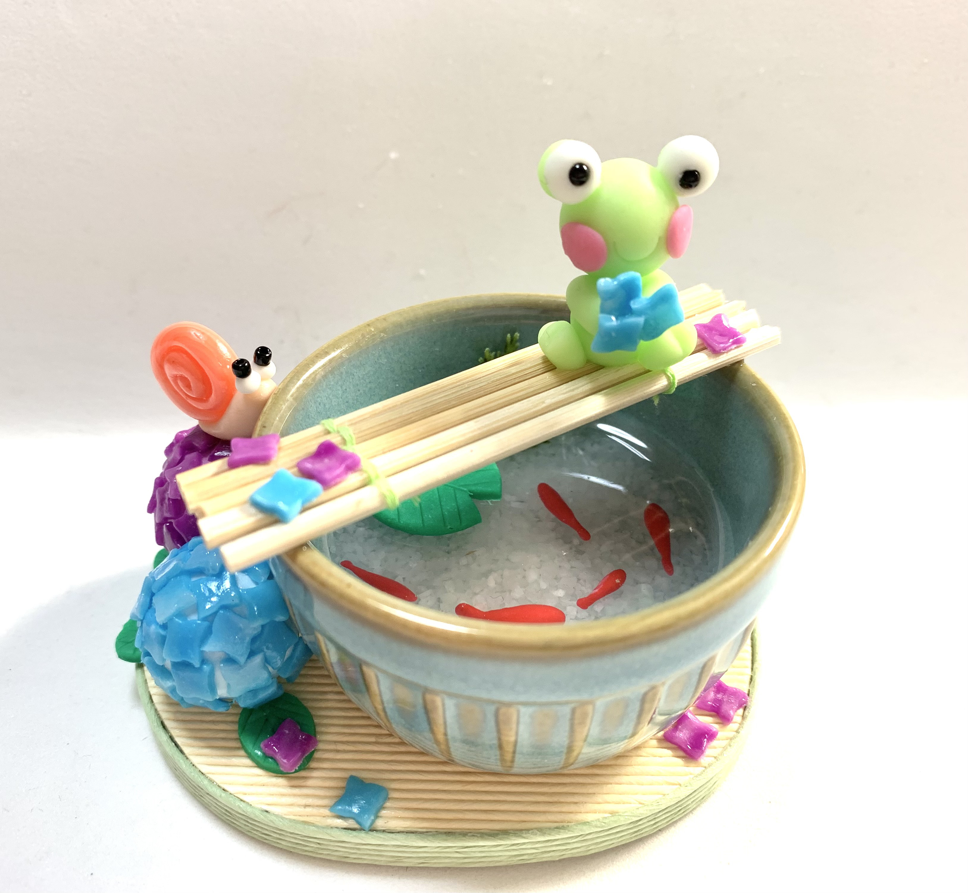 ☆紫陽花とかえると金魚(受注生産) 樹脂粘土 置物 梅雨 その他置物