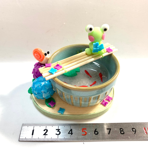 金魚と蓮の花の置物 ☆紫陽花とかえると金魚(受注生産) 樹脂粘土 置物 梅雨 その他置物