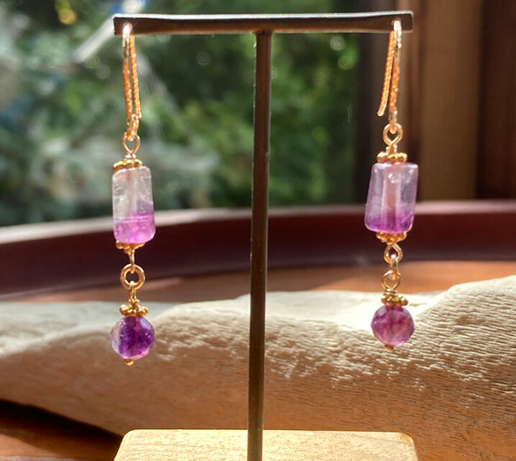 K14GFフローライトピアス◇K14GF Fluorite Earrings　(K24純金フック変更可） 9枚目の画像