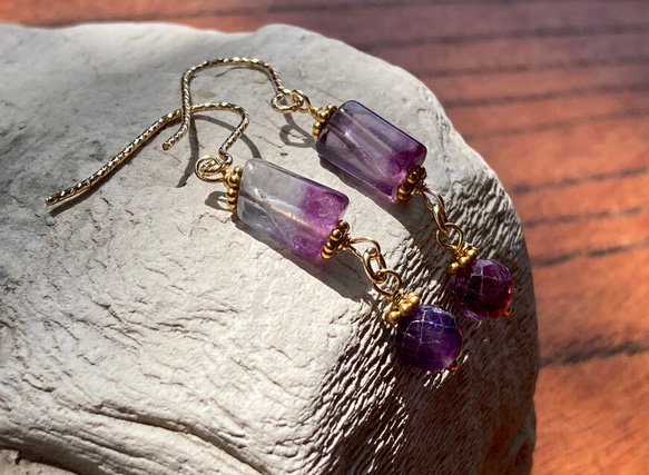 K14GFフローライトピアス◇K14GF Fluorite Earrings　(K24純金フック変更可） 7枚目の画像