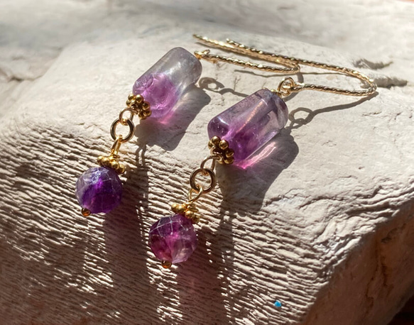 K14GFフローライトピアス◇K14GF Fluorite Earrings　(K24純金フック変更可） 1枚目の画像