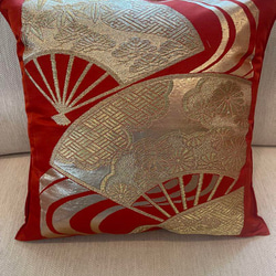 2854朱色の袋帯リメイク 正絹クッションカバー お正月❗️プレゼント