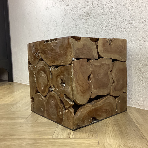#3 銘木 チーク ブロック スツール 椅子 天然木 無垢 キューブ 40cm　ダーク色　cha222 4枚目の画像