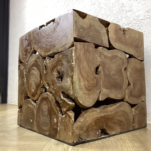 #3 銘木 チーク ブロック スツール 椅子 天然木 無垢 キューブ 40cm　ダーク色　cha222 5枚目の画像