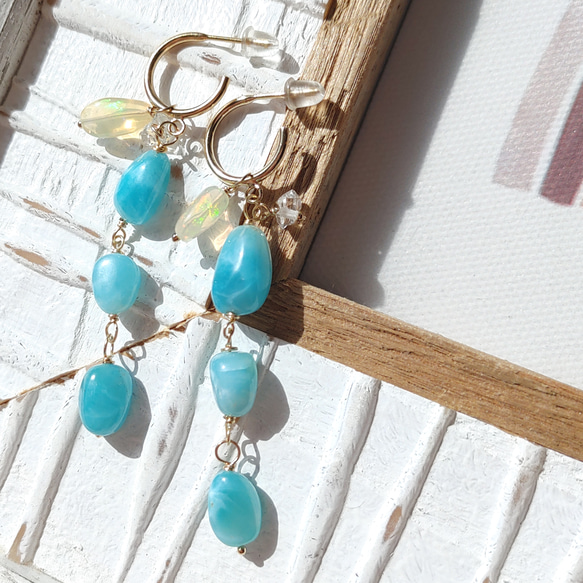 ❁2way Larimar Sea hoop earrings All 14kgf❁美しいハイクオリティラリマー 3枚目の画像