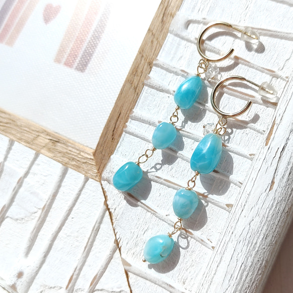 ❁2way Larimar Sea hoop earrings All 14kgf❁美しいハイクオリティラリマー 8枚目の画像