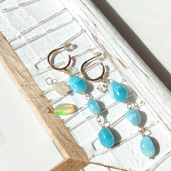 ❁2way Larimar Sea hoop earrings All 14kgf❁美しいハイクオリティラリマー 5枚目の画像